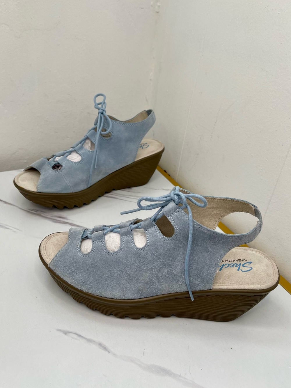 Skechers Light Blue Suede Lace-Up Wedge Sandals Sz 8M